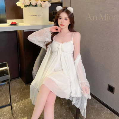 Váy Ngủ 2 Dây Phối Ren Kèm Áo Khoác