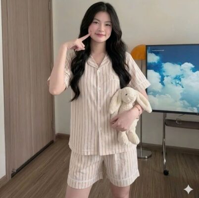 Đồ ngủ kẻ sọc lụa satin phong cách pijama thanh lịch cho nữ