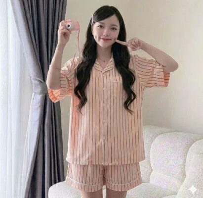 Đồ ngủ kẻ sọc pijama cộc tay màu hồng